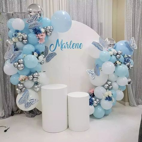 Blue Butterfly Theme Party, Pastel Blue Party Decorations, Sky Blue Birthday Theme, Blue Butterfly Party Decorations, Blue Butterfly Themed Birthday Party, Blue Butterfly Birthday Theme, Light Blue Party Theme, Light Blue Birthday Party Decorations, Blue Butterfly Birthday Party