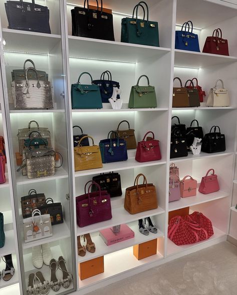 Most Expensive Bags In The World, Birkin Collection Closet, Handbag Collection Aesthetic, Luxury Bag Collection Closet, Purse Collection Aesthetic, Luxury Bag Closet, Birkin Collection, Beauty Room Vanity, Handbag Display