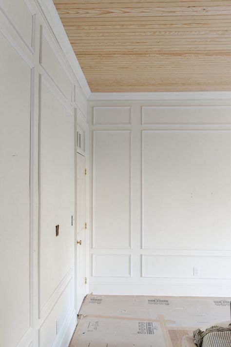 How We Measured and Installed Custom Box Trim in our Bedroom - Chris Loves Julia White Waynes Coating Bedroom, Decorative Wall Trim Bedrooms, French Wall Trim, Primary Bedroom Paneling, Beige Primary Bedroom, Picture Molding On Walls With Windows, Wainscoting Two Tone, Limewash With Moulding, Primary Bedroom Molding