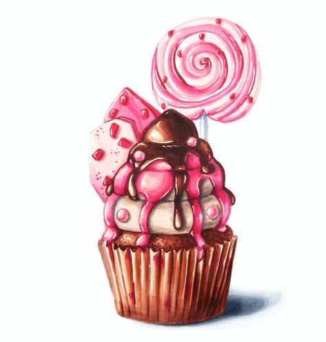 Cupcake Tattoos, Food Art Painting, Cupcake Drawing, Watercolor Scenery, Random Products, Cake Drawing, Food Sketch, Food Illustration Art, Cupcake Art