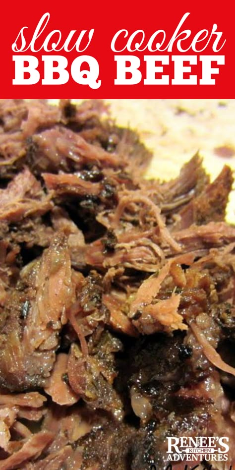 Slow Cooker BBQ Beef by Renee's Kitchen Adventures- easy recipe for slow cooked BBQ beef made with a seasoned beef chuck roast #BBQ #BBQbeef #Chuckroast #slowcookerrecipe Crockpot Bbq Beef Roast, English Chuck Roast Slow Cooker, English Chuck Roast Recipes, English Roast Recipes Slow Cooker, Chuck Roast Bbq, English Roast Recipes, Bbq Beef Crockpot, Slow Cooker Bbq Beef, English Roast