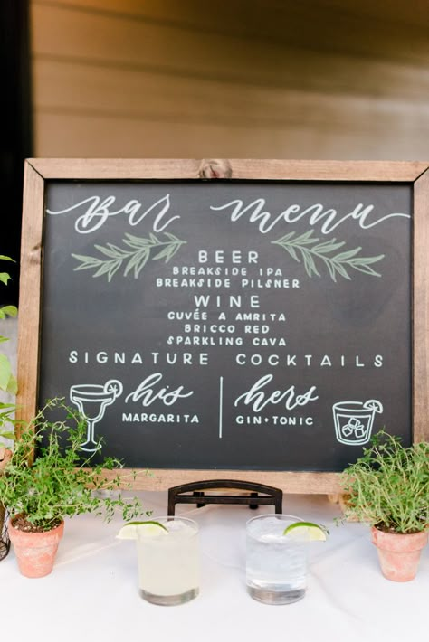 Chalkboard bar menu with signature cocktails | Bridalbliss.com | Portland Wedding | Oregon Event Planning and Design |  Deyla Huss Photography Wedding Bar Sign Chalkboard, Sign For Bar At Wedding, Bar Menu Signs For Wedding, Cocktail Menu Chalkboard, Chalkboard Bar Sign Wedding, Wedding Chalkboard Signs Reception, His And Hers Cocktail Sign, Menu Signs For Wedding, Wedding Cocktail Menu Sign