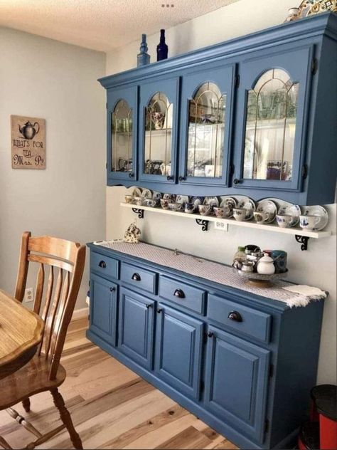 Kitchen With Buffet Cabinet, Dressers Into Kitchen Cabinets, Painted China Hutch, Repurposed Hutch, China Cabinet Redo, China Cabinet Makeover, Dining Room Hutch, China Hutch, Blue Cabinets