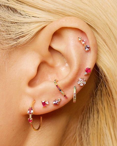 In honor of July birthdays, we couldn’t help but make a whole collection of ruby-pink beauties Earring Stacks, Cute Ear Piercings, Piercing Ideas, Tiny Diamond, Diamond Cross, Ear Piercing, Jewelry Diamond, Cross Jewelry, Religious Jewelry