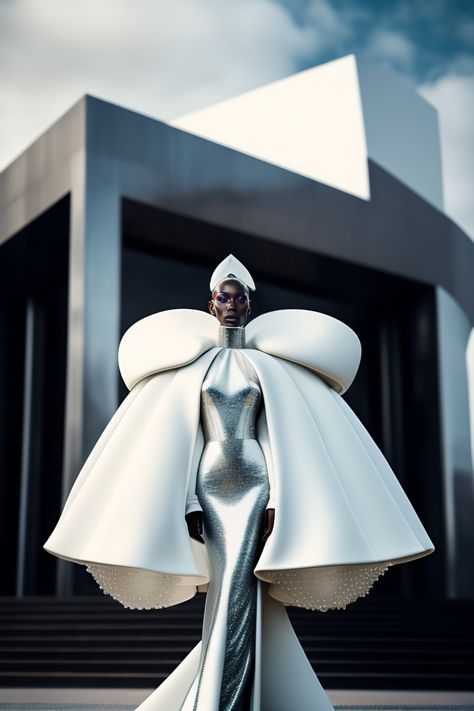 Drag Fashion Haute Couture, Futuristic Dress Design, Futuristic Design Fashion, Space Fashion Futuristic, Futuristic Fashion Design, High Tech Fashion, Futuristic Dress, Futuristic Outfits, Futurism Fashion