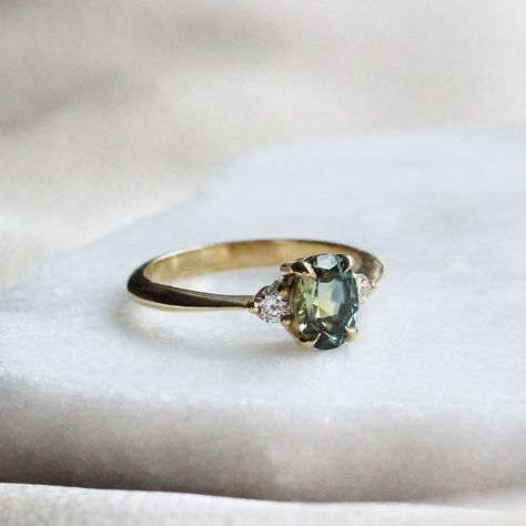 Engagement Rings Handmade, Being Confident, Green Sapphire Engagement, Green Sapphire Engagement Ring, Alternative Bride, Three Stone Ring, Eco Friendly Jewelry, Sapphire Engagement Ring, Ethical Jewelry