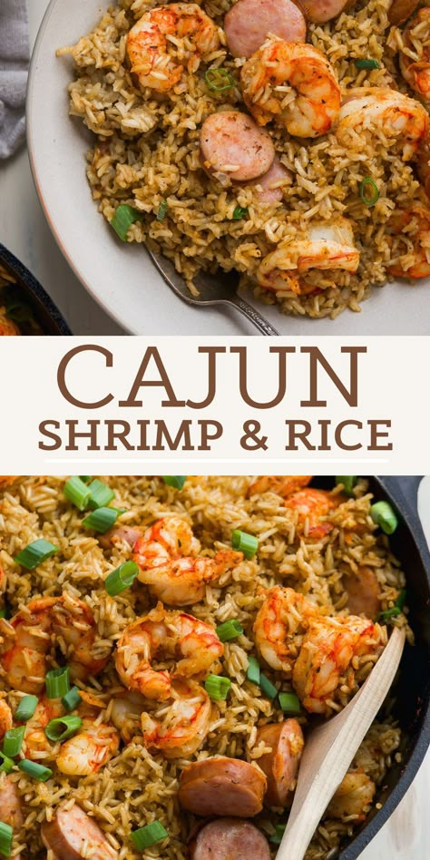 This cajun shrimp rice skillet recipe is an easy weeknight dinner that's packed with flavor the entire family will love! Made with fluffy spiced up brown rice and flavorful shrimp and kielbasa sausage and comes together in under an hour. Wife Me Up Recipes, Cajun Style Rice, Cajun Brown Rice, Shrimp And Sausage Recipes Rice, Ground Beef And Shrimp Recipes, Cajun Shrimp And Sausage Rice, Dinner Ideas For 4 Adults, Jumbo Shrimp Recipes Dinners, Monday Dinner Ideas Families