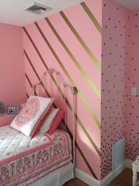 Gold stripes using Easy Stripe by @wallsneedlove and Gold Polka Dot wall decals! Pink And Gold Painted Walls, Pink And Gold Striped Wall, Gold Stripe Wall, Gold Striped Walls, Living Room Paint Design, Pink Striped Walls, Ideas Dormitorio, Striped Accent Wall, Gold Painted Walls