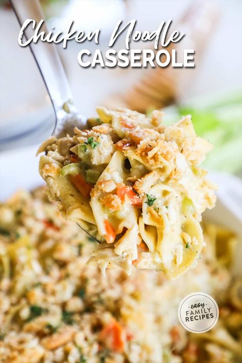 A family favorite! This creamy chicken noodle casserole recipe is ready in less than an hour for an easy family friendly dinner recipe everyone will love! Made with veggies, shredded chicken, egg noodles, and cream of chicken soup with a buttery Ritz cracker topping - this is the nostalgic Chicken Noodle Casserole you remember! There’s nothing better than classic chicken noodle casserole for a cozy family dinner. Recipe With Egg Noodles And Chicken, Chicken Egg Noodle Casserole Recipes, Egg Noodle Recipes Chicken, Chicken Noodle Casserole Recipes, Chicken Noodle Soup Casserole, Chicken Noodle Casserole Easy, Chicken Egg Noodle Casserole, Chicken And Noodle Casserole, Chicken And Noodle Recipes