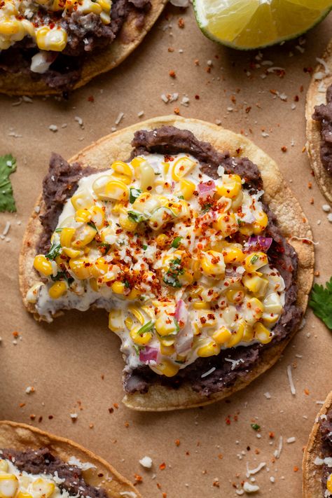 Mexican Street Corn Tostadas - Our Balanced Bowl Plant Based Mexican Food, Mexican Street Corn Tostadas, Corn Tortilla Tostada, Summer Meal Aesthetic, Street Corn Tostadas, Vegetarian Tostada Recipes, Fresh Mexican Recipes, Street Corn Dinner, Corn Dinner Ideas