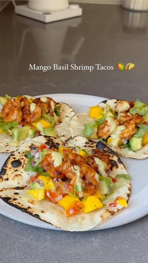 Mediterranean Diet Plan 🇺🇸 | Mango Basil Shrimp Tacos! 🥭🍤🌮 This recipe has to be one of my favorites that I’ve made. It’s incredibly fresh, bursting with flavor, and ab… | Instagram Mango Salsa Shrimp, Basil Shrimp, Mediterranean Diet Plan, Shrimp Tacos, Cheesy Recipes, Mango Salsa, Mediterranean Diet, Shrimp Recipes, My Favorites