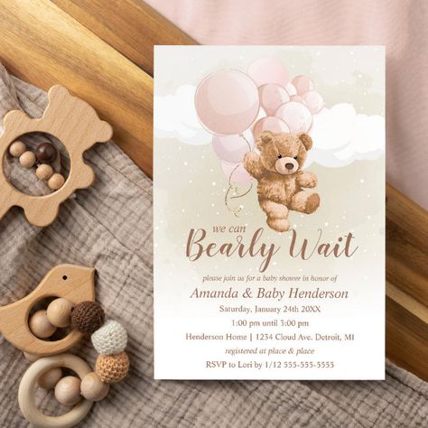 We can Bearly Wait Teddy Bear Baby Shower Pink Invitation - Baby Shower Invitations Bearly Wait Invitation, Baby Shower Oso, Teddy Bear Baby Shower Invitations, Babyshower Party, Neutral Blue, White Baby Showers, Blue Teddy Bear, We Can Bearly Wait, Bear Invitations