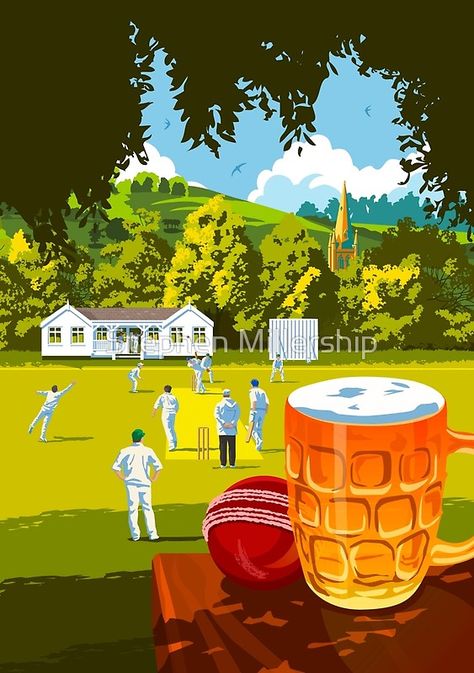 Village Cricket by Stephen Millership England Travel poster british summer Village Cricket, England Travel Poster, Beer Illustration, Cricket Poster, London Transport Museum, Wood Postcard, Sports Graphics, Cricket Team, Summer Evening