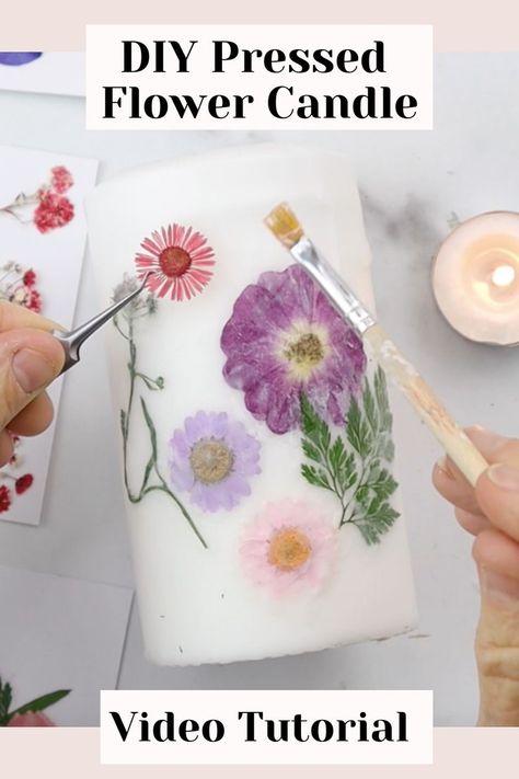 Pressed Flower Candles, Diy Candles With Flowers, Dried Flowers Crafts, Preserving Flowers, Dried Flower Candles, Decoupage Candles, Pressed Flowers Diy, Candle Holder Crafts, Candle Lighter