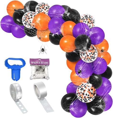 120 PCS Colorful Balloons, includes 10 inch of 40 pcs purple, 35 pcs black, 35 pcs orange and 10 pcs 12 inch black gold confetti balloons. 4 Pcs Balloon Arch Kit:1 spider web, 1 tying tool, 1 roll dot glue and 1 roll balloon tape strip. Must-have balloon kit for Halloween Decorations! Spider Web Halloween Decorations, Halloween Balloon, Balloons Arch, Halloween Party Balloons, Halloween Party Decorations, Orange Balloons, Halloween Backdrop, Gold Confetti Balloons, Halloween Balloons