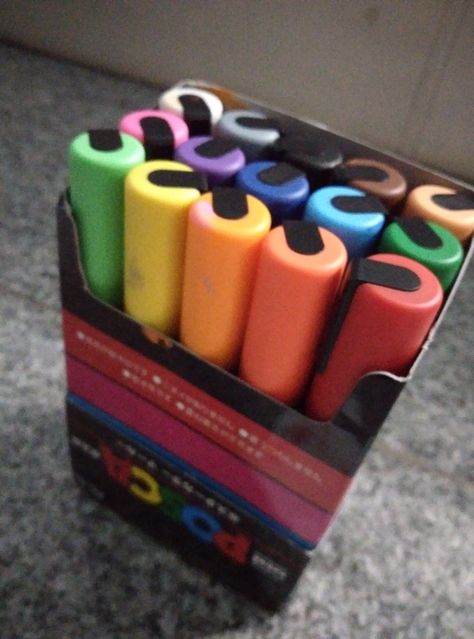 I finally got my posca pens after TWELVE DAYS......amazon delivers late Skateboard Ideas, Posca Pens, Pen Collection, Paint Pens, Cutie Patootie, Crayon, Skateboard, Pen, Pins