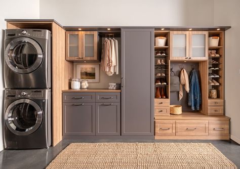 Laundry Room in Blue Stone & New Natural | Inspired Closets Laundry With Storage, Laundry/mudroom Ideas, Large Entryway, Mudroom Laundry Room, Mud Room Storage, Mudroom Design, Laundry Room Cabinets, Laundry Mud Room, Custom Closets