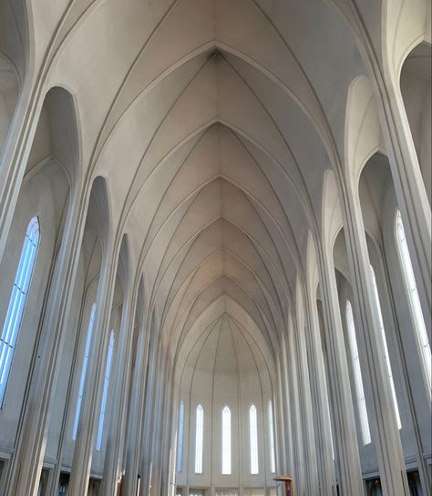 White Gothic Architecture, Angelic Architecture, Gothic Church Interior, Iceland Architecture, Modern Gothic Architecture, Gothic Architecture Aesthetic, Goth Architecture, Gothic Minimalist, Architecture Ceiling