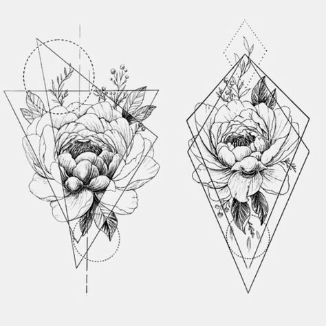 Geometric Tattoo Sternum, Tattoos For Inside Of Arm, Peony Geometric Tattoo, Back Of Tricep Tattoo, Geometric Sternum Tattoo, Geometric Flower Tattoo Design, Geometric Tattoo Female, Geometric Floral Tattoo, Geo Tattoo