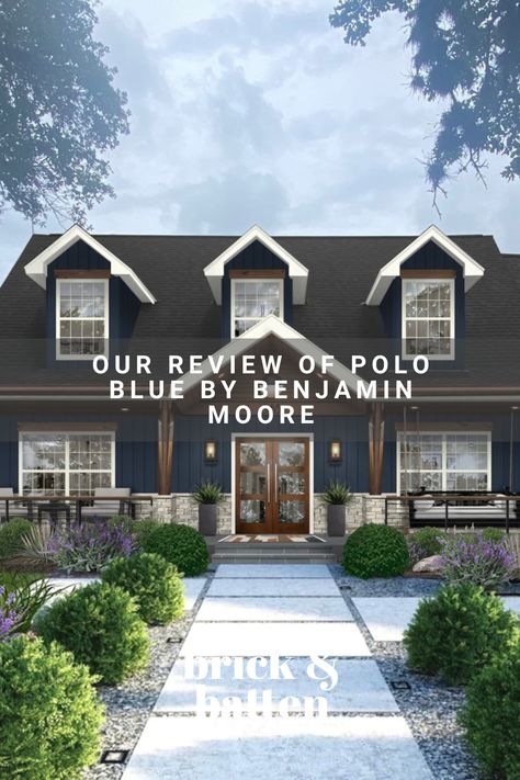 Benjamin Moore Polo Blue Exterior, Navy Blue Board And Batten Exterior, Deep Blue House Exterior, Polo Blue Benjamin Moore, Blue Board And Batten Exterior, Navy Blue House Exterior, Navy Paint Color, Cabin Exterior Colors, Blue Exterior House Colors