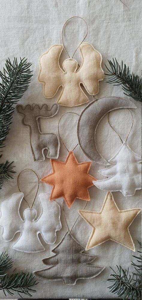 For your attention - our new handmade product - Christmas linen decorations for Christmas tree. Hope you will like them - they are really cute and attractive. But that is not only for fun! As all productions we have wastes and remnants of different materials. But we are care about our planet a lot and were thinking how to use them usefully. And that is the story how they appeared in our shop. Please find different figures in different colors of linen. We created next lovely toys: - stars - heart Diy Organic Christmas Decorations, Handmade Christmas Toys For Tree, Folk Christmas Decor, Original Christmas Decorations, Christmas Textile Decorations, Organic Christmas Decorations, Linen Christmas Decorations, Handmade Christmas Aesthetic, Christmas Toys Handmade