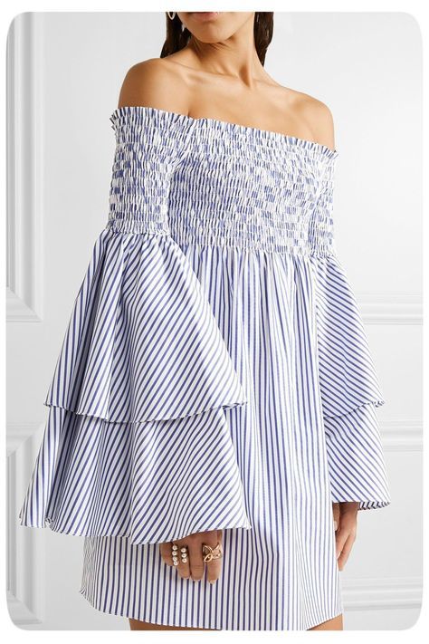 Blue White Striped Dress, Caroline Constas, Off Shoulder Dresses, Flare Sleeve Dress, Shirred Dress, Dress Tutorials, Runway Dresses, Fashion Styling, Mini Short