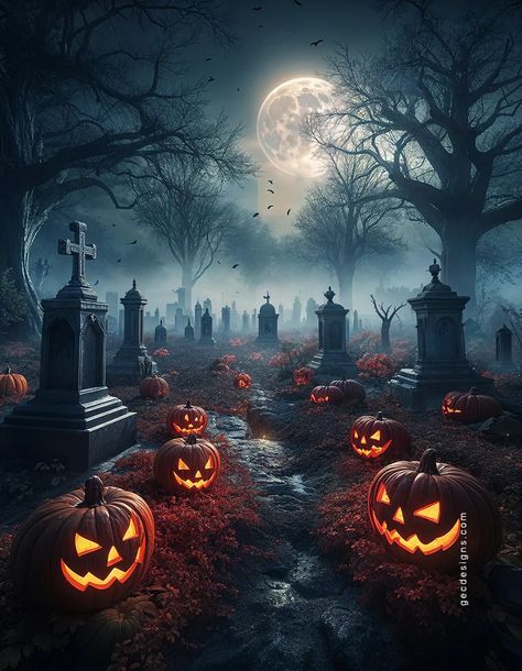 Halloween background with spooky graveyard, full moon, creepy trees, and evil pumpkins in a misty forest image Free Halloween Wallpaper, Spooky Graveyard, Haunted Graveyard, Scary Halloween Pumpkins, Evil Pumpkin, Halloween Wishes, Halloween Graveyard, Warriors Wallpaper, Spooky Trees