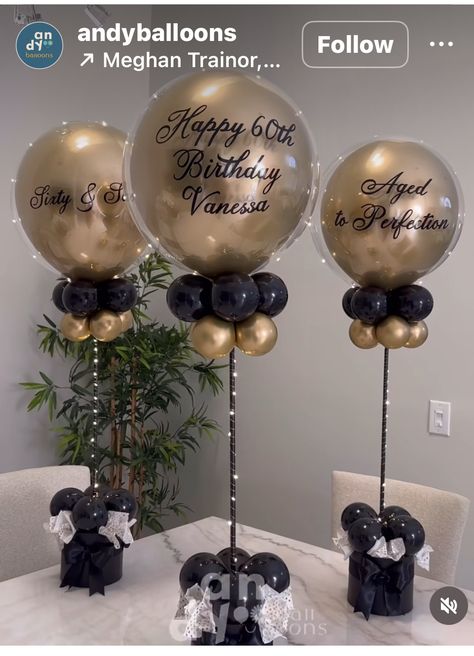 Black And Gold Birthday Centerpieces, 60th Balloon Ideas, Black And Gold Balloon Centerpieces, Male Centerpieces Ideas, Black And Gold Centerpieces For Men, Beer Themed Birthday Party, Black And Gold Centerpieces, Balloon Centerpieces Diy, 60 Balloons