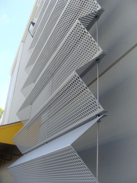 #atmosphere #testinstallation #solarshading #tensionedfacade Metal Screens Architecture, Metal Panels Facade, Perforated Metal Panel, Perforated Panel, Exterior Wall Cladding, Wall Cladding Panels, Cladding Design, Facade Panel, Metal Facade