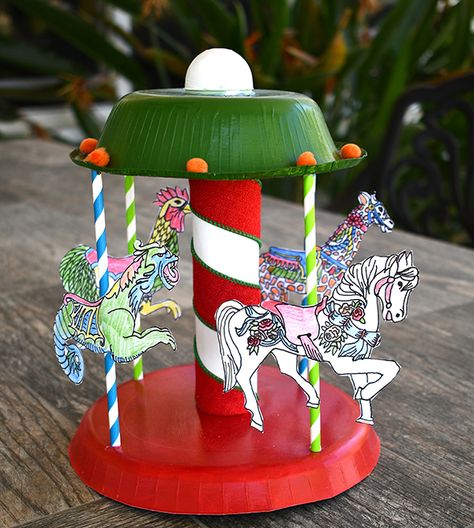 Craft a Paper Carousel Merry Go Round Craft Preschool, Carnival Crafts For Kids Art Projects, Amusement Park Craft, Fair Art Projects For Kids, Carnival Art Projects, Merry Go Round Carousel Drawing, Carnival Craft Ideas, Carnival Art Projects For Kids, Carnival Arts And Crafts