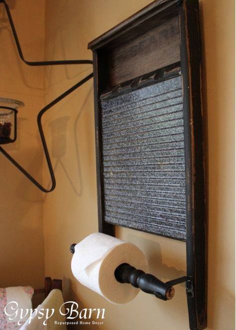 Repurposed Washboard - could this be fitted to be a paper towel holder? Laundry Trough, Unique Paper Towel Holder, Washboard Decor, Primitive Bathroom, Primitive Bathrooms, Country Bathroom, Rustic Bathrooms, Rustic Bathroom, Laundry In Bathroom