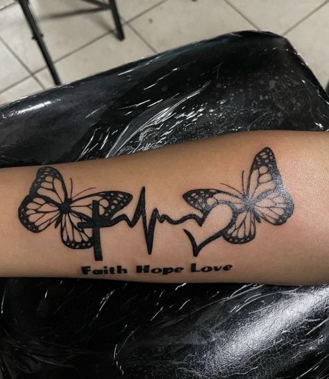 Butterfly Heartbeat Tattoo, Heart Wrist Tattoos For Women Unique, Rip Butterfly Tattoos, Sister Memorial Tattoos Butterflies, Butterfly And Heart Tattoo Ideas, Butterflies Going Up Arm Tattoo, Butterfly Name Tattoos For Women, Memorial Arm Tattoos For Women, Butterfly Tattoo For Passed Loved Ones