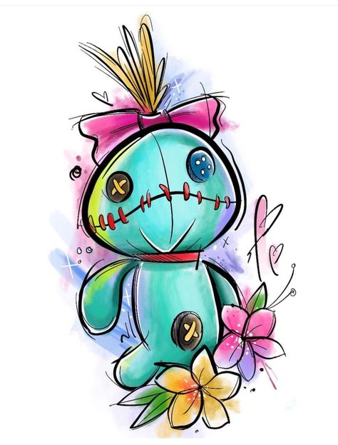 Scrump Scrump From Lilo And Stitch, Stitch Scrump Tattoo, Stitch Doll Tattoo, 90s Cartoon Tattoos Ideas Outline, Stitch And Scrump Drawing, Stitch And Frog Tattoo, Disney Stitch Art, Scrump Tattoo Lilo And Stitch, Disney Stitch Tattoo Design