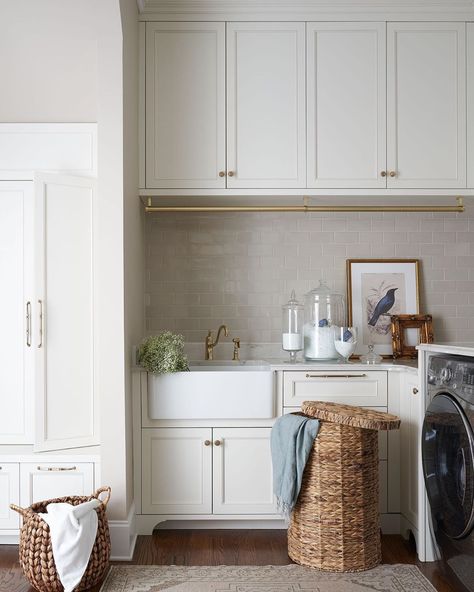 Laundry Room Gold Hardware, Laundry Room Cabinet Hardware, Drying Rod Laundry Room, Laundry Cabinets With Hanging Rod, Laundry Room Shelves With Hanging Rod, Laundry Rod Ideas, Pottery Barn Laundry Room, Brass Laundry Hanging Rod, Laundry Room With Cabinets Above