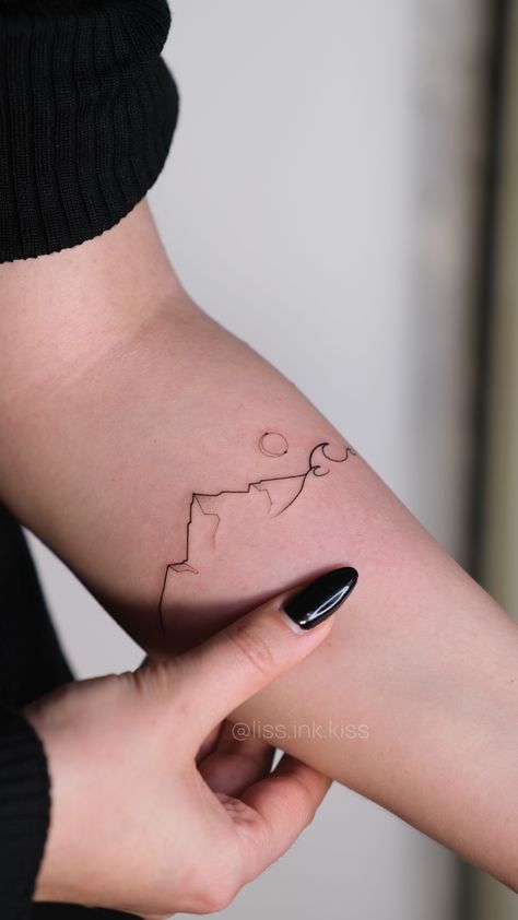 Ocean And Mountain Tattoos, Mountain Moon Tattoo, Mountain And Moon Tattoo, Ocean Mountain Tattoo, Minimal Wave Tattoo, Mountain Ocean Tattoo, Mountain And Ocean Tattoo, Mountains Tattoo, Minimal Tattoo Ideas