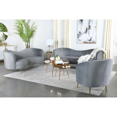 Grey Living Room Sets, Rooms Decoration, Comfy Accent Chairs, Velvet Living Room, Retro Room, Elegant Sofa, Grey Upholstery, Tufted Sofa, Gold Legs