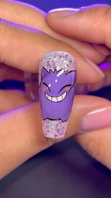 Short Pokemon Nails, Gengar Nail Art, Gengar Nails, Pokemon Nail Art, Pokemon Nails, Geeky Nails, Pokemon Deoxys, Nerdy Nails, Men Nails