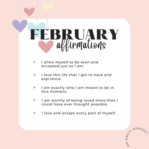 February's focus always seems to be centered around love and relationships... but the relationship you have with yourself ultimately comes first. Be sure to start playing around with (and believing) these affirmations this month. And if you haven't already, be sure to listen to my Self Love/Self Concept Meditation on @youtube. Just search "Mary Kate Self Love Meditation". #mkmagicmindset #dailyaffirmations #manifestationaffirmations Affirmations for Manifesting First Of The Month Affirmations, First Of The Month Manifestation, Romance Manifestation Affirmations, Love Magnet Affirmations, Monthly Affirmations, Manifesting Pregnancy Affirmations, Love Meditation, Love And Relationships, Self Concept