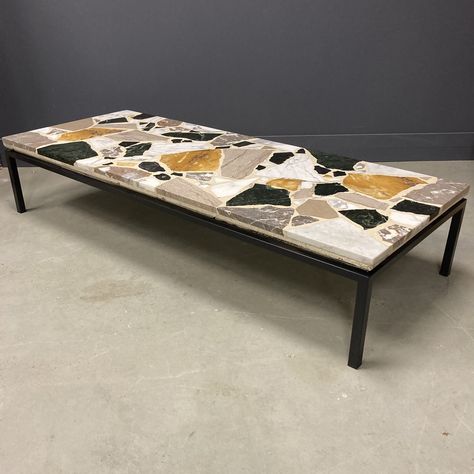 Listed on VNTG.com: Solid, heavy granite / terrazzo coffee table on a black steel frame, 1970s | #vntg #vintage Terrazzo Coffee Table, Granite Coffee Table, Red Coffee Tables, Wicker Shelf, Solid Coffee Table, Dark Wood Stain, Live Edge Coffee Table, Black Steel Frame, Vintage Side Table