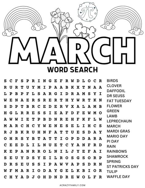 This free March word search printable worksheet is fun for kids of all ages and families! With 20 March-themed words, it is perfect for the classroom or as a fun activity at home. #March #Wordsearch #FreePrintable March Printables, March Word Search, March Word Search Free Printable, March Worksheets, Spring Word Search Free Printable, Free Word Search Printables, Kids Activity Pages, Activities For Kids At Home Printable, Fun Word Search