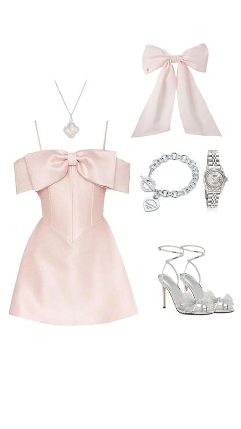 #cute #classy #pink #dinnerfit #outfit #fit #bow #silverandpink #silverjewellery #silver Pink Luxury Aesthetic Outfit, Fancy Outfits Ideas, Birthday Outfit Coquette, Glinda Outfit Aesthetic, Pink Girly Outfits Classy, Bow Party Ideas, Audrey Hepburn Aesthetic Outfits, Pink Classy Aesthetic, Coquette Birthday Outfit