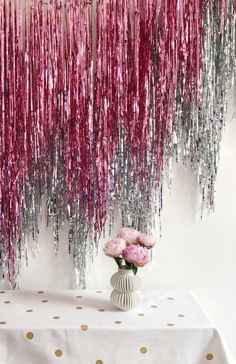 Wedding Backdrop Tinsel Metallic Garland Metallic Curtain Backdrop, Fringe Foil Backdrop, Tinsel Wall Photo Backdrops, Layered Tinsel Backdrop, Mylar Photo Backdrop, Tinsel Backdrop Ideas, Tinsel Party Decor, Tinsel Fringe Backdrop, Foil Curtain Decoration Ideas