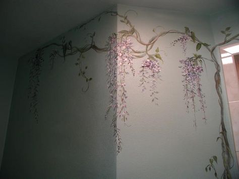 wisteria mural Wall Painting Flowers, Spring Home Decor Ideas, Fairytale Bedroom, Mural Kitchen, Bathroom Decor Themes, Interior Wall Paint, Wall Painting Decor, Painted Walls, Chinoiserie Wallpaper