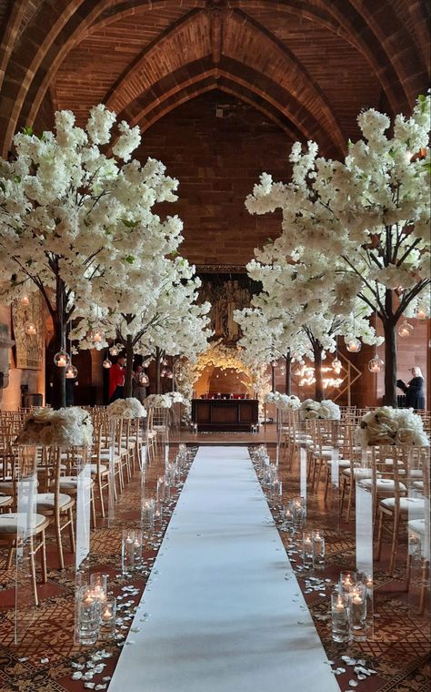 Blossom tree and candlelit aisle at Peckforton Castle Black White Gold Wedding Theme, Blossom Tree Wedding, Peckforton Castle, Candle Lit Ceremony, Wedding Tree Decorations, Wedding Isles, Elegant Wedding Venues, Dream Wedding Decorations, Aisle Flowers