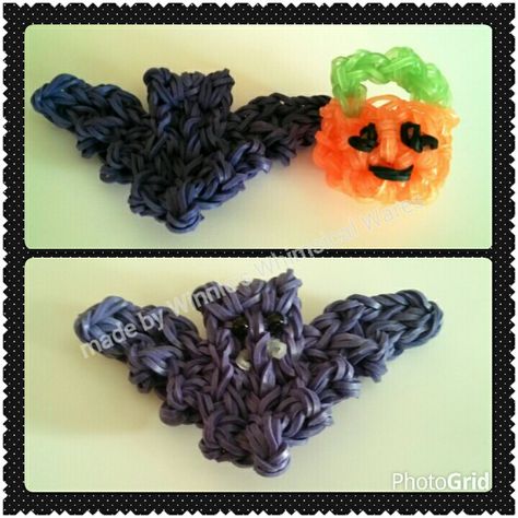 Rainbow loom halloween charms 2D bat and 3D jack o lantern bucket. The bucket is made with glow in the dark bands (not RL :P). I added the fangs and eyes to the bat afterwards. The bat tutorial is by MesPetitsBonheurs and the bucket is by Creative World 360 Chinese tutorial. Halloween Rainbow Loom, Loomband Ideas, Rubberband Bracelets, Bracelets Rubber, Loom Band Patterns, Rainbow Loom Bracelets Easy, Joe Mama, Halloween Rainbow, Rainbow Loom Tutorials