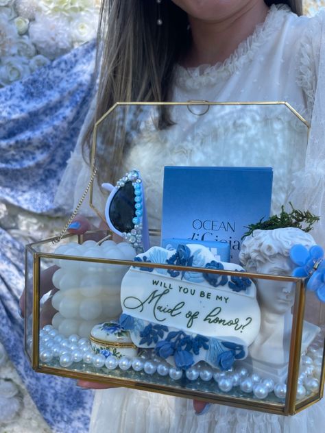 Something blue. Gifts. DIY. Budget friendly. Inspo. Vintage. Aesthetic. Bridesmaid Proposal Blue And White, Something Blue Proposal Gift, Something Blue Gift Ideas, Vintage Bridesmaid Proposal, Something Blue Bridesmaids Proposal, Coastal Bridesmaid Proposal, Will You Be My Something Blue, Bridesmaid Proposal Blue, Something Blue Proposal