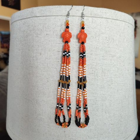 Traditional Orange Beaded Earrings For Gift, Orange Beaded Earrings For Festivals, Orange Beaded Earrings With Black Beads, Orange Fringe Earrings, Indigenous Beaded Earrings, Adjustable Orange Beaded Fringe Earrings, Orange Beaded Earrings Native American, Nativity Crafts, Black Fringe