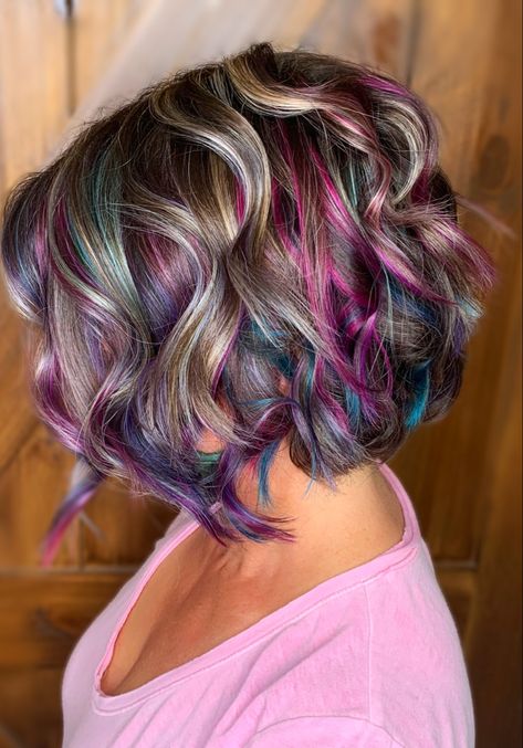 Peekaboo Colors For Short Hair, Colourful Short Hair Ideas, Fun Hair Color In Your 30s, Bright Pixie Hair Colour, Fun Fall Hair Colors Short Haircuts, Multi Color Short Hair, Funky Hair Colours For Short Hair, Punky Hair Color, Cool Hair Colors For Short Hair