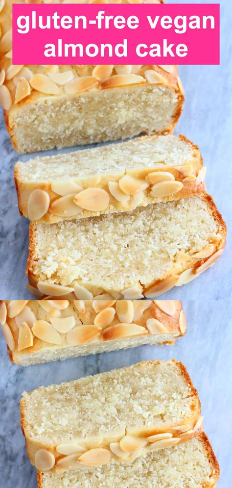 This Gluten-Free Vegan Almond Loaf Cake is moist, fluffy, and topped with crunchy sliced almonds! It's easy to make, comes together in one bowl and is refined sugar free, dairy-free and egg-free too. It's great for dessert, breakfast, brunch or a snack, and is delicious by itself or with toppings! Gluten Egg And Dairy Free Recipes, Vegan Gluten Free Sponge Cake, Vegan Gluten Free Almond Cake, Vegan Refined Sugar Free Desserts, Vegan Moist Cake, Almond Flour Vegan Recipes, Gluten Free Loaf Cake Recipes, Gf Df Dessert, Sugar Free Quick Breads