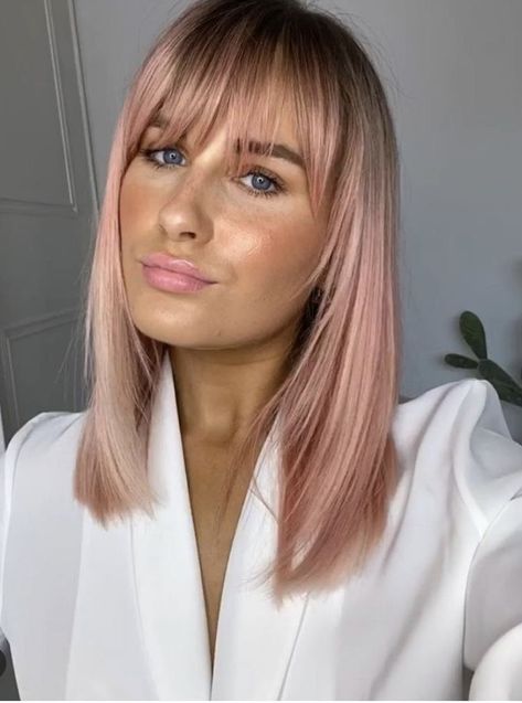 Hint Of Pink Hair, Pink Hair Professional, Pale Pink And Blonde Hair, Periwinkle Money Piece Hair, Rose Pink Short Hair, Pale Pink Hair Dark Roots, Ice Pink Hair, Professional Pink Hair, Pastel Pink Hair With Bangs